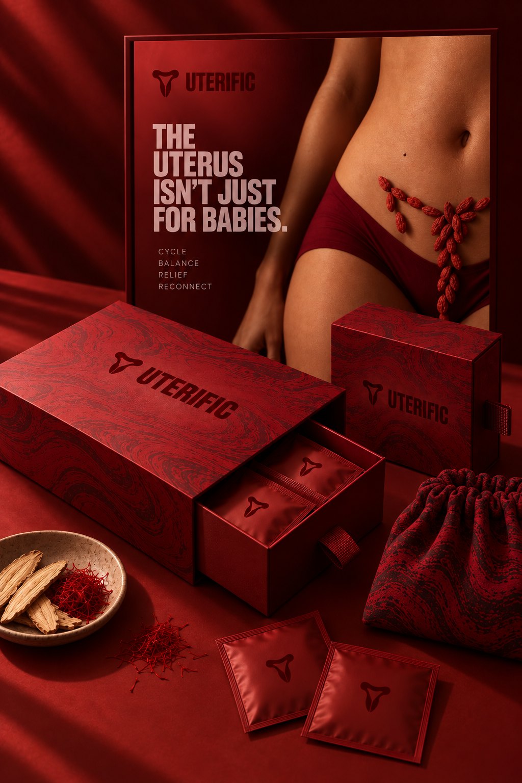 The UTERIFIC period patch kit: box, sachets, drawstring pouch and poster